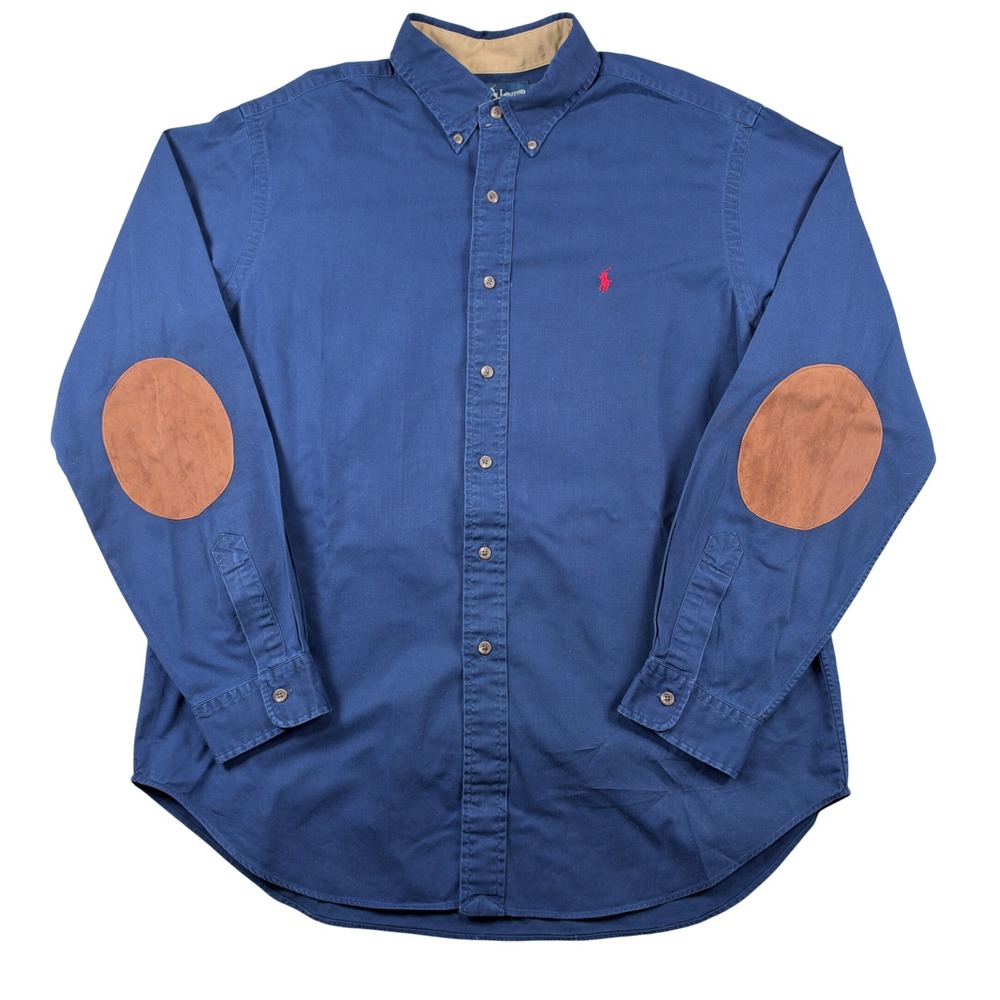 Ralph Lauren Button Down Men XL Navy Blue Elbow Patches Classic Fit Shirt